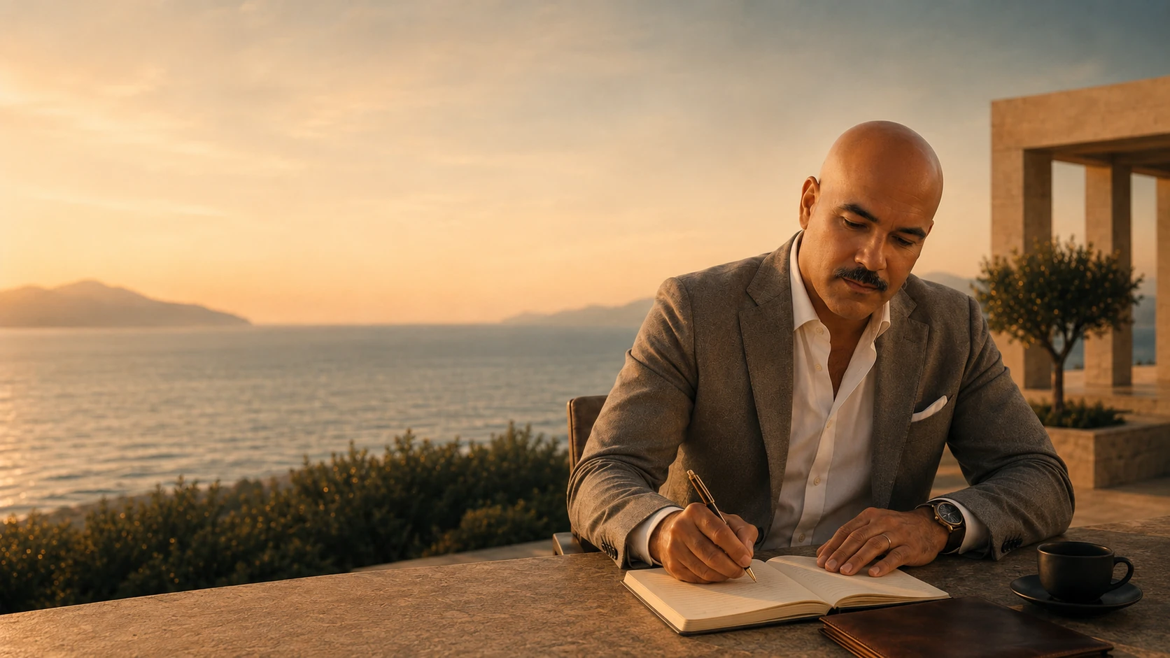 Master Andreas writing at a Mediterranean seaside terrace at golden hour