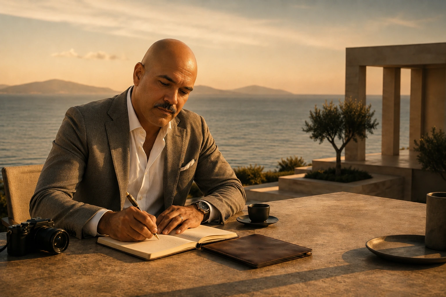 Master Andreas writing editorial notes at a refined Mediterranean resort terrace overlooking the sea.